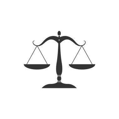 Adalet simgesi ölçekler izole. Mahkeme sembolü. Denge ölçeği işareti. Düz tasarım. Vektör İllüstrasyonu