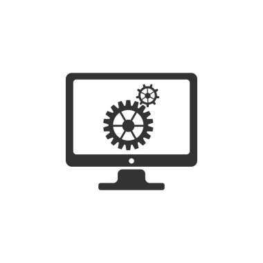 Monitör ve dişliler simgesi yalıtılmış. Hizmet kavramını izleyin. Uygulamayı ayarlama, ayarlama seçenekleri, bakım, onarım, monitör kavramlarını sabitleme. Düz tasarım. Vektör İllüstrasyonu