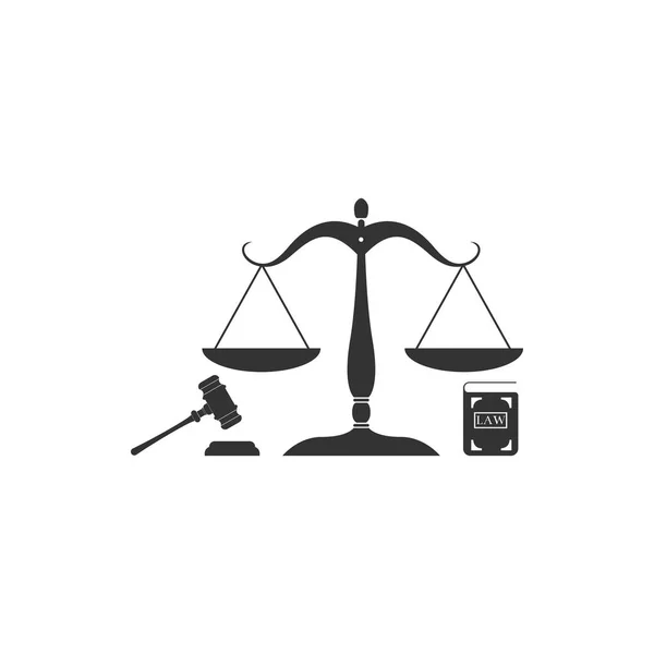 Scale di giustizia, martelletto e icona del libro isolati. Simbolo di diritto e giustizia. Legge concettuale. Diritto legale e simbolo dell'asta. Design piatto. Illustrazione vettoriale — Vettoriale Stock
