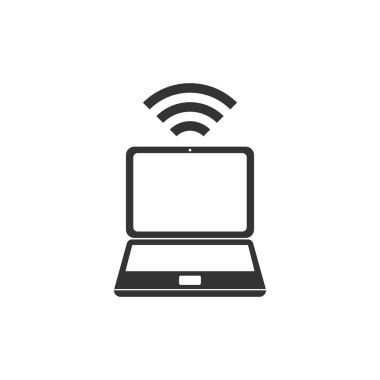 Dizüstü bilgisayar ve kablosuz simge yalıtılmış. Kablosuz teknoloji, Wi-Fi bağlantısı, kablosuz ağ, etkin nokta kavramları. Düz tasarım. Vektör İllüstrasyonu