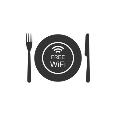 Restoran Ücretsiz Wi-Fi bölge simgesi yalıtılmış. Tabak, çatal ve bıçak işareti. Düz tasarım. Vektör İllüstrasyonu