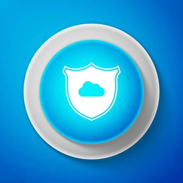 파란색 배경에 격리 된 구름과 방패 아이콘. 클라우드 스토리지 데이터 보호. 보안, 안전, 보호, 개인 정보 보호 개념. 클라우드 컴퓨팅. 파란색 버튼을 원합니다. 벡터 일러스트레이션 — 스톡 벡터