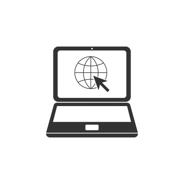 Site no ícone de tela do laptop isolado. Laptop com globo e cursor. Símbolo mundial da web. Design plano. Ilustração vetorial —  Vetores de Stock