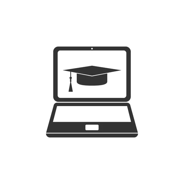 Tapa de graduación e icono portátil aislado. Icono de concepto de aprendizaje en línea o e-learning. Diseño plano. Ilustración vectorial — Vector de stock