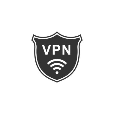 Vpn ve Wifi kablosuz internet ağı simgesi izole ile Shield. Vpn güvenlik kavramını koruyun. Güvenlik için sanal özel ağ. Düz tasarım. Vektör İllüstrasyonu