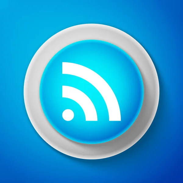 Иконка RSS выделена на синем фоне. Радиосигнал. Символ канала RSS. Голубая кнопка. Векторная миграция — стоковый вектор