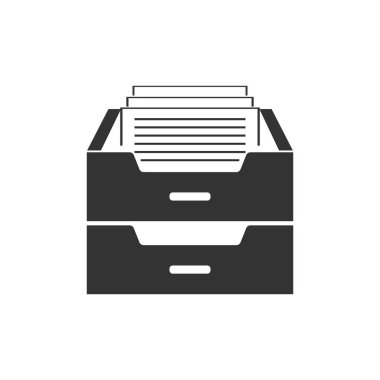 Belgeler simgesi yalıtılmış çekmece. Arşiv kağıtları çekmecesi. Dosya dolabı çekmecesi. Ofis mobilyaları. Düz tasarım. Vektör İllüstrasyonu