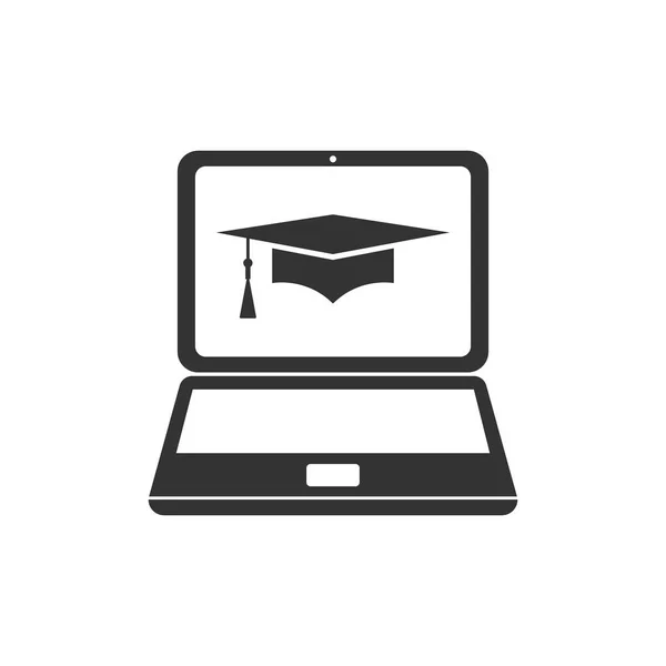 Tapa de graduación e icono portátil. Icono del concepto de aprendizaje en línea o e-learning aislado. Diseño plano. Ilustración vectorial — Vector de stock