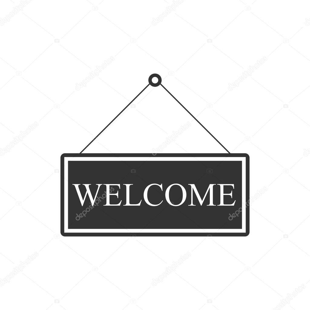 Hanging sign with text Welcome icon isolated. Business theme for cafe or restaurant. Flat design. Vector Illustration