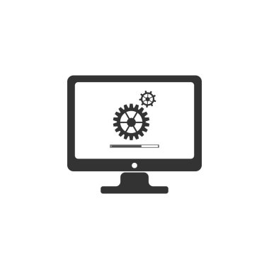 Şanzıman ilerleme ve yükleme çubuğu simgesi yalıtılmış ile güncelleme işlemini izleyin. Bilgisayar ekranı. Sistem yazılımı güncellemesi. Monitör ekranında yükleme işlemi. Vektör İllüstrasyonu