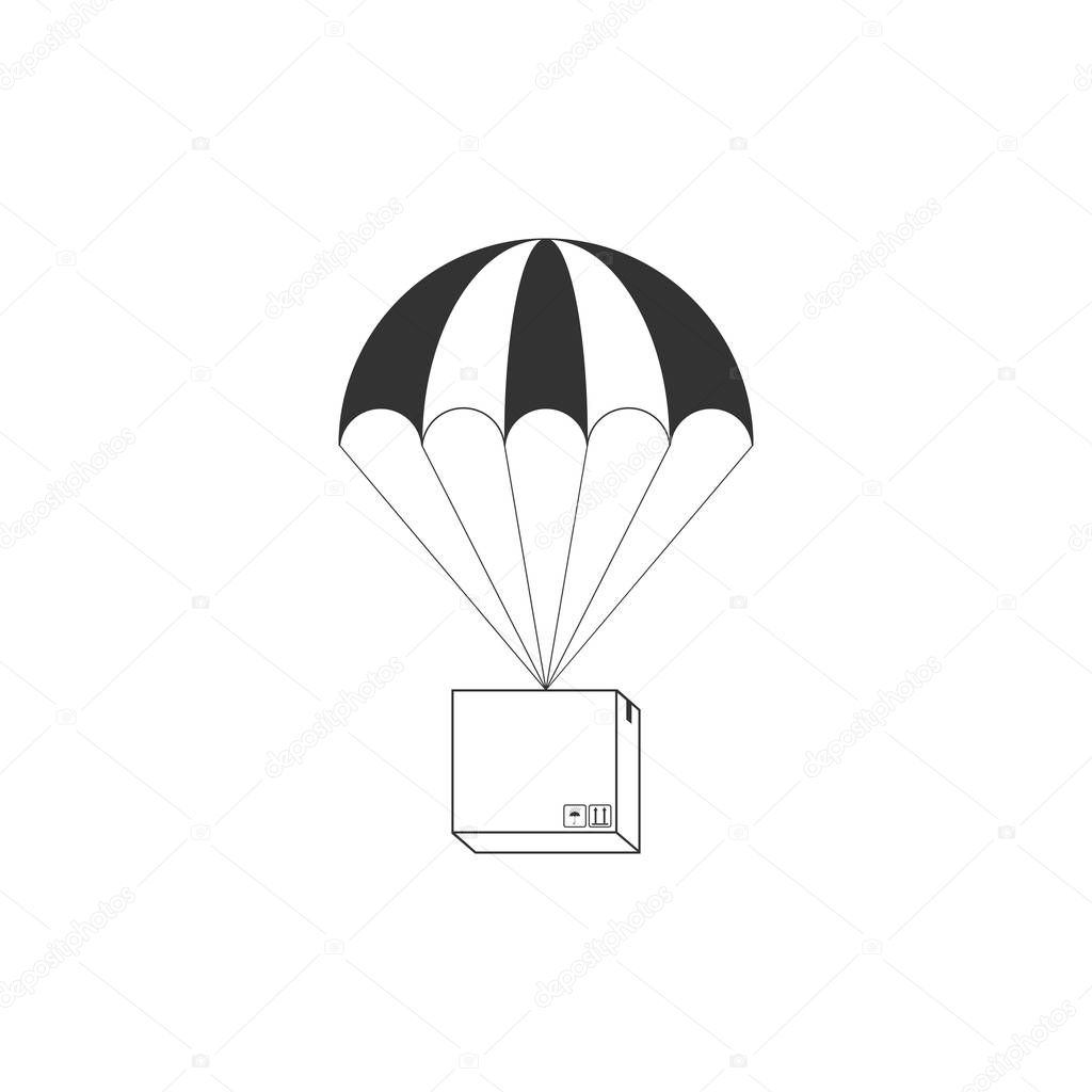 Box flying on parachute icon isolated. Parcel with parachute for shipping. Delivery service, air shipping concept, bonus concept. Flat design. Vector Illustration