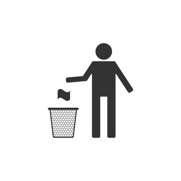 Hombre arrojando basura en el icono de la papelera de polvo aislado. Reciclar símbolo. La basura puede firmar. Diseño plano. Ilustración vectorial — Vector de stock