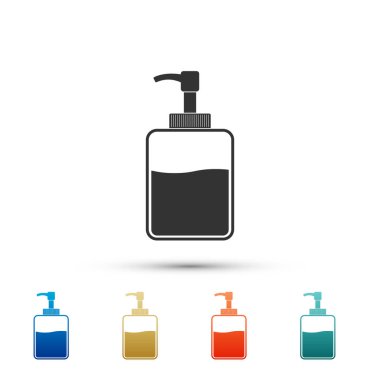 El dezenfektanı şişe simgesi beyaz arka plan üzerinde izole. Dezenfeksiyon kavramı. Yıkama jeli. Hijyen için alkol şişesi. Renk kümesi simgeleri. Vektör İllüstrasyonu