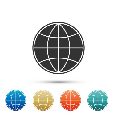 Dünya küre simgesi beyaz arka plan üzerinde izole. Dünya veya Dünya işareti. Küresel internet sembolü. Geometrik şekiller. Renk kümesi simgeleri. Vektör İllüstrasyonu