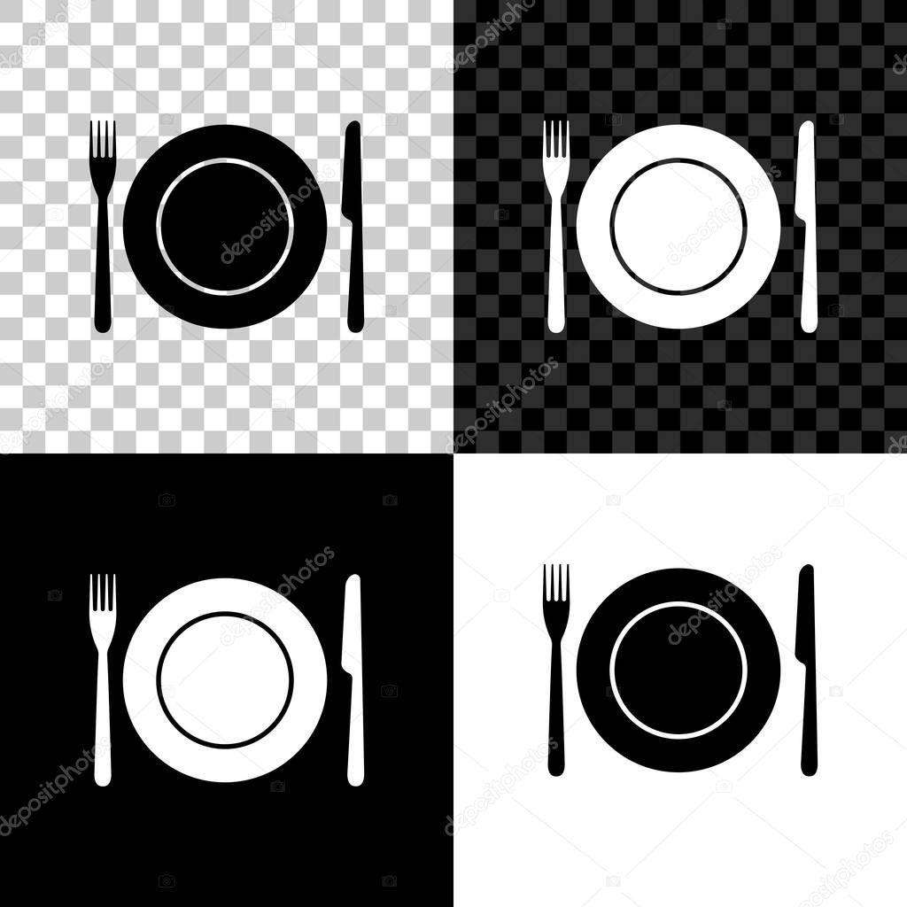 Plate, fork and knife icon isolated on black, white and transparent background. Cutlery symbol. Restaurant sign. Vector Illustration