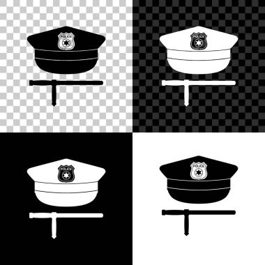 Polis kapağı ve kauçuk baton simgesi siyah, beyaz ve şeffaf arka plan üzerinde izole. Güvenlik truncheons. Polis sopası. Polis üniforması. Vektör İllüstrasyonu