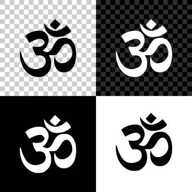 Siyah, beyaz ve şeffaf arka plan üzerinde Om veya Aum Hint kutsal ses simgesi. Budizm ve Hinduizm dininin sembolü. Brahma, Vishnu ve Shiva ilahi triad sembolü. Vektör İllüstrasyonu