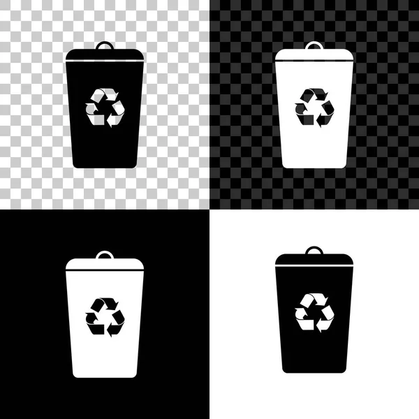 Papelera de reciclaje con icono de símbolo de reciclaje aislado sobre fondo negro, blanco y transparente. Icono de bote de basura. Cartel de basura. Reciclar signo de cesta. Ilustración vectorial — Vector de stock