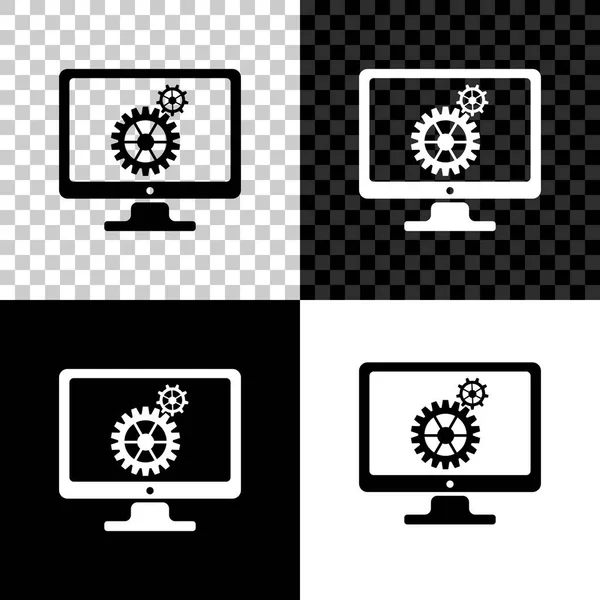 Computer monitor en tandwielen icoon op zwart, wit en transparante achtergrond. Monitor service concept. Aanpassen van de app, instellen opties, onderhoud, reparatie, vaststelling monitor concepten. Vector illustratie — Stockvector