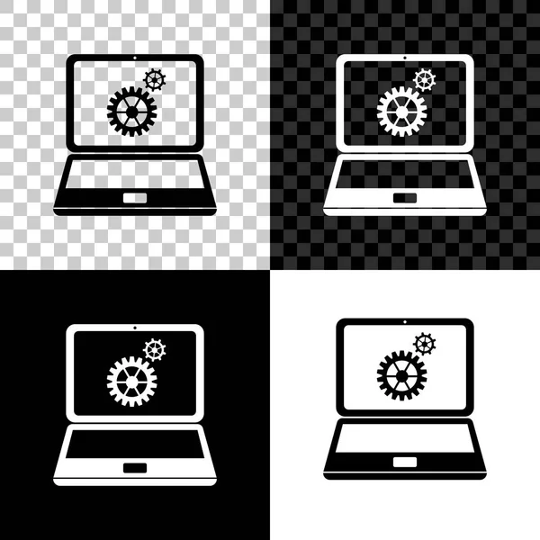 Laptop and gears icon isolated on black, white and transparent background. Laptop service concept. Adjusting app, setting options, maintenance, repair, fixing laptop concepts. Vector Illustration — Stock Vector