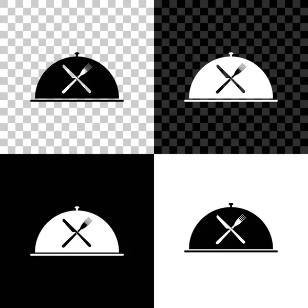 Cloche con tenedor cruzado e icono de cuchillo aislado sobre fondo negro, blanco y transparente. Símbolo del restaurante. Ilustración vectorial — Vector de stock