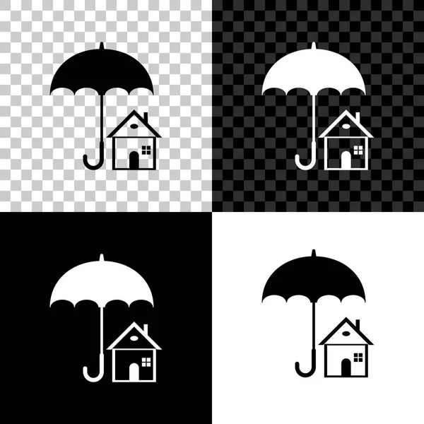 Dom z ikoną parasola na czarnym, białym i przezroczystym tle. Symbol ubezpieczenia nieruchomości. Symbol nieruchomości. Ochrona, bezpieczeństwo, bezpieczeństwo, ochrona, koncepcja obronna. Ilustracja wektorowa — Wektor stockowy