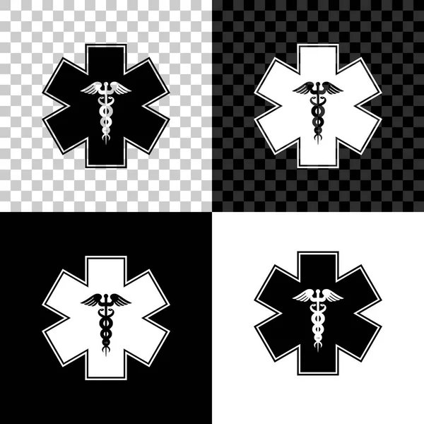 Estrella de emergencia - símbolo médico Serpiente Caduceus con icono de palo aislado sobre fondo negro, blanco y transparente. Estrella de la Vida. Ilustración vectorial — Vector de stock