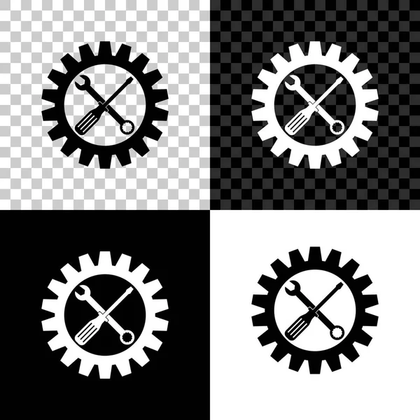 Símbolo de manutenção - chave de fenda, chave de fendas e ícone de roda de engrenagem isolado em fundo preto, branco e transparente. Símbolo da ferramenta de serviço. Ícone de configuração. Ilustração vetorial — Vetor de Stock