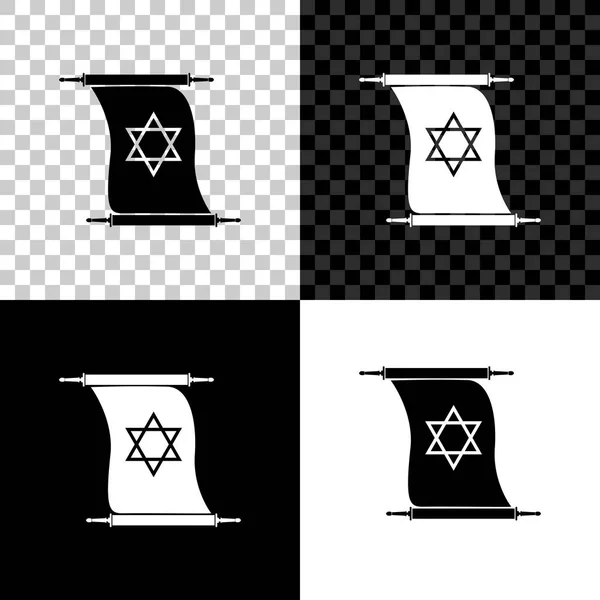 Το εικονίδιο κύλισης της Τορά απομονώνεται σε μαύρο, λευκό και διαφανές φόντο. Εβραϊκή Τόρα σε διευρυμένη μορφή. Πινακίδα του βιβλίου της Τορά. Σύμβολο του αστεριού του Δαβίδ. Απλό παλιό πάπυρο. Απεικόνιση διανυσματικών φορέων — Διανυσματικό Αρχείο