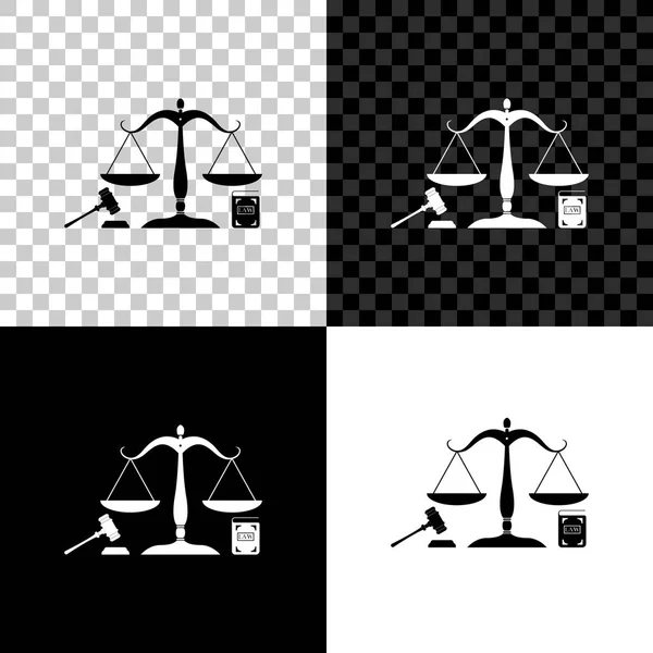 Schalen van rechtvaardigheid, Gavel en boek icoon geïsoleerd op zwart, wit en transparante achtergrond. Symbool van recht en rechtvaardigheid. Concept Law. Rechts recht en veiling symbool. Vector illustratie — Stockvector