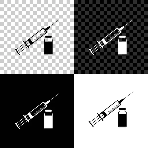 Seringue médicale avec aiguille et flacon ou icône ampoule isolée sur fond noir, blanc et transparent. Vaccination, injection, vaccin, concept d'insuline. Illustration vectorielle — Image vectorielle