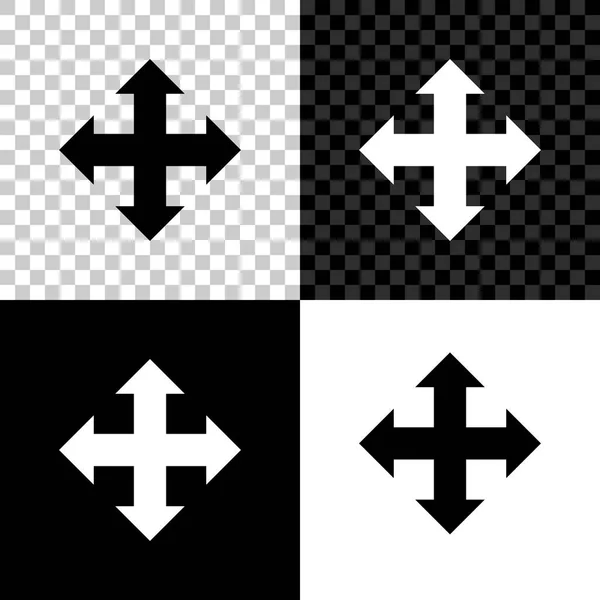 Strzałki w czterech kierunkach ikony izolowane na czarnym, białym i przezroczystym tle. Ilustracja wektorowa — Wektor stockowy