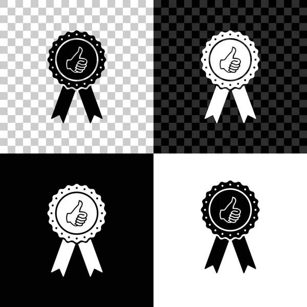 Pollice su medaglia con icona a nastro isolata su sfondo nero, bianco e trasparente. Illustrazione vettoriale — Vettoriale Stock