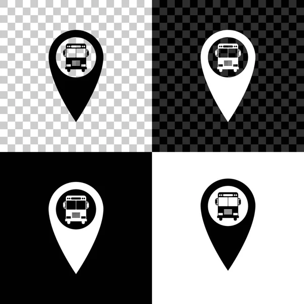 Mapa ponteiro com ícone de barramento isolado em fundo preto, branco e transparente. Ilustração vetorial —  Vetores de Stock