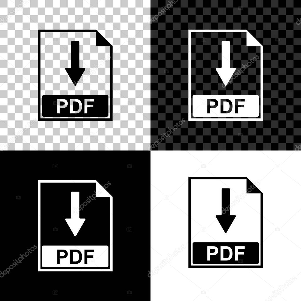 PDF file document icon isolated on black, white and transparent background. Download PDF button sign. Vector Illustration