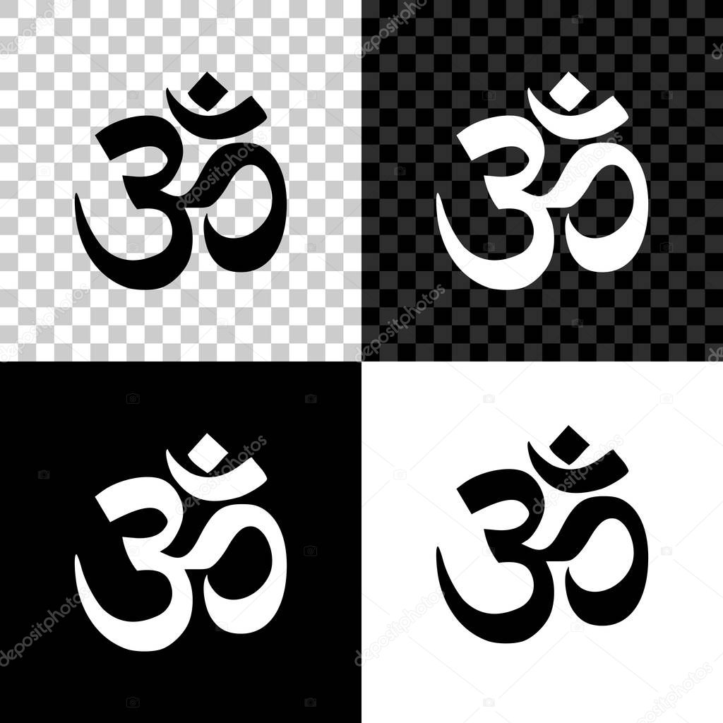 Om or Aum Indian sacred sound icon on black, white and transparent background. Symbol of Buddhism and Hinduism religion. The symbol of the divine triad of Brahma, Vishnu and Shiva. Vector Illustration