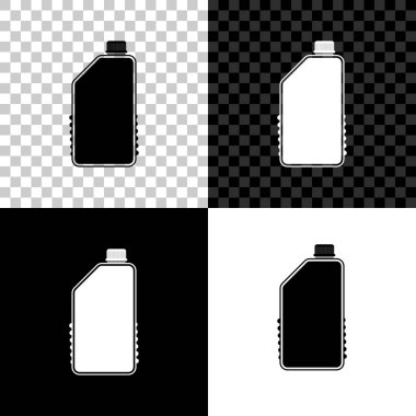 Siyah, beyaz ve şeffaf arka planda ev kimyasalları boş plastik şişe simgesi. Sıvı deterjan veya sabun, leke çıkarıcı, çamaşır suyu, banyo veya tuvalet temizleyici. Vektör Illustration