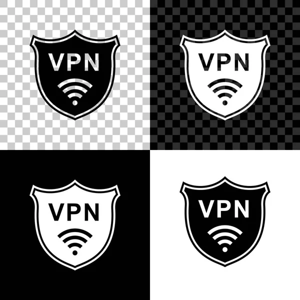 黒、白、透明の背景に Vpn と Wifi ワイヤレスインターネットネットワークのシンボルアイコンでシールド。Vpn は安全コンセプトを保護します。セキュリティのための仮想プライベートネットワーク。ベクトルイラストレーション — ストックベクタ