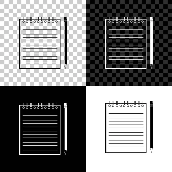 Cuaderno en blanco y lápiz con icono de borrador aislado sobre fondo negro, blanco y transparente. Ilustración vectorial — Vector de stock