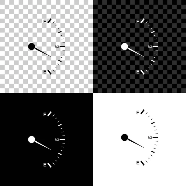 Ícone do medidor de gás do motor isolado no fundo preto, branco e transparente. Medidor de combustível vazio. Indicação completa do tanque. Ilustração vetorial —  Vetores de Stock