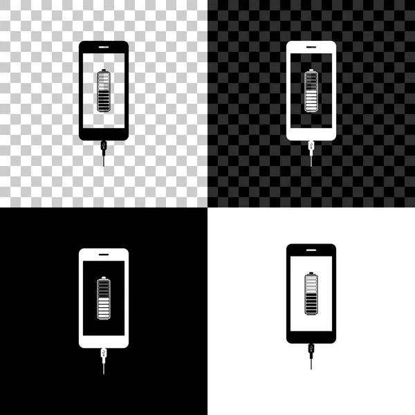 Smartphone batterij opladen icoon geïsoleerd op zwart, wit en transparante achtergrond. Telefoon met een lage batterijlading en met USB-aansluiting. Vector illustratie — Stockvector