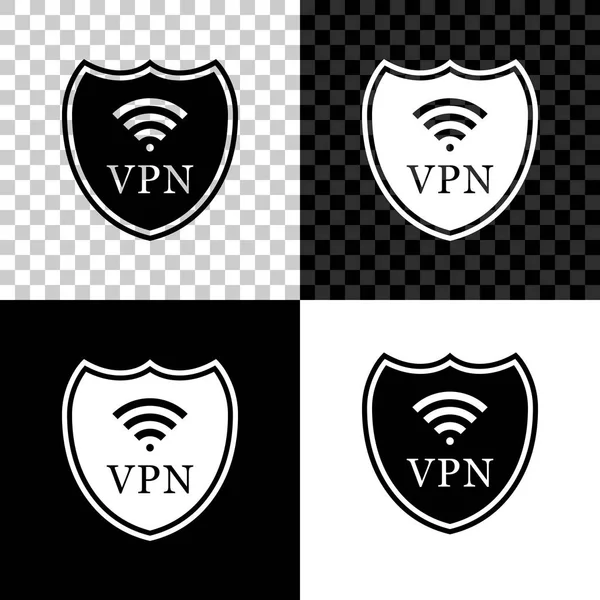 黒、白、透明の背景に Vpn と Wifi ワイヤレスインターネットネットワークのシンボルアイコンでシールド。Vpn は安全コンセプトを保護します。セキュリティのための仮想プライベートネットワーク。ベクトルイラストレーション — ストックベクタ