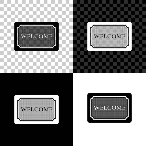 Dörr matta med texten välkomst ikonen isolerad på svart, vit och transparent bakgrund. Skylt med välkomst matta. Vektor illustration — Stock vektor