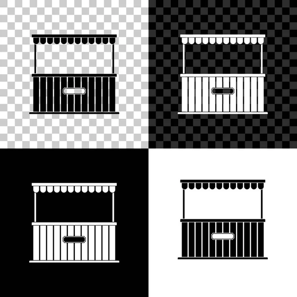 Straat kraam met luifel en houten rack icoon geïsoleerd op zwart, wit en transparante achtergrond. Kiosk met houten rek. Vector illustratie — Stockvector