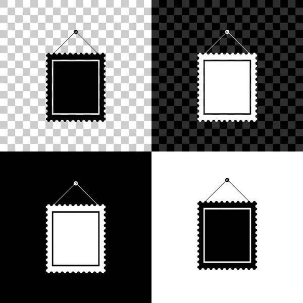 Téglalap alakú képkeret lóg a falon ikonra izolált fekete, fehér és átlátszó háttérrel. Vektoros illusztráció — Stock Vector