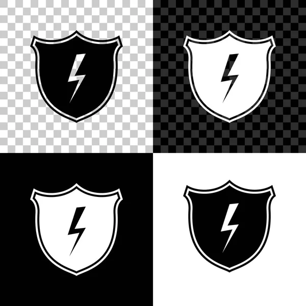 Perisai aman dengan ikon petir terisolasi pada latar belakang hitam, putih dan transparan. Keamanan, keamanan, perlindungan, konsep privasi. Ilustrasi Vektor - Stok Vektor