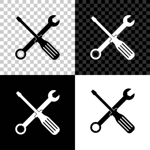 Icono de herramientas de llave y destornillador aislado sobre fondo negro, blanco y transparente. Símbolo herramienta de servicio. Ilustración vectorial — Vector de stock