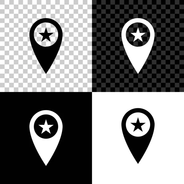 Penunjuk peta dengan ikon bintang diisolasi pada latar belakang hitam, putih dan transparan. Ikon peta pin favorit bintang. Penanda peta. Ilustrasi Vektor - Stok Vektor