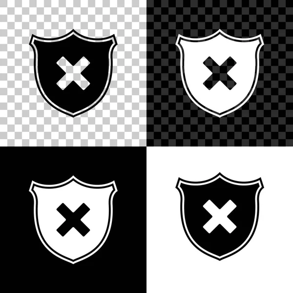 Icono de escudo y marca x cruzada aislado sobre fondo negro, blanco y transparente. Denegado signo desaprobado. Protección, seguridad, concepto de seguridad. Ilustración vectorial — Vector de stock