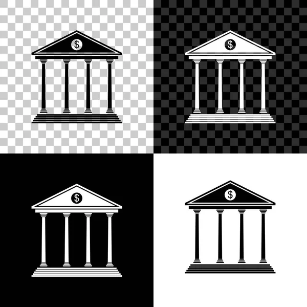 Ikona budovy banky je izolována na černém, bílém a průhledném pozadí. Vektorová ilustrace — Stockový vektor